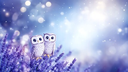 Wall Mural - Mystical lavender with cartoon owls in a watercolor night sky