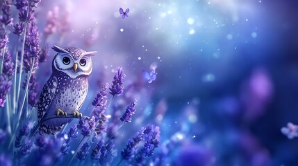 Wall Mural - Mystical lavender with cartoon owls in a watercolor night sky