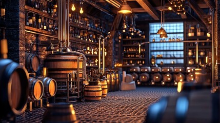 A warm and inviting distillery interior featuring wooden barrels, vintage decor, and soft lighting in a cozy atmosphere.