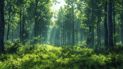 Poster - Sun Rays Through Dense Forest Illustration