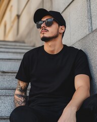 Sticker - A young attractive man sitting with wearing a blank black mockup t-shirt