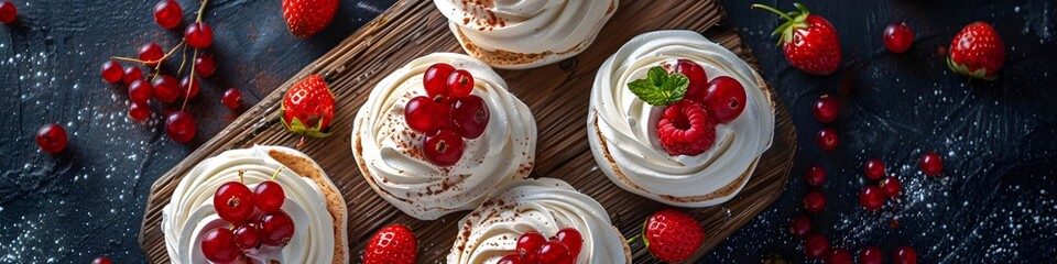 Delicious Pavlova meringue cake decorated with fresh berries on wooden table. Confectionery, recipe, menu for cafe and restaurant. Sweet summer dessert for event, party, birthday, wedding