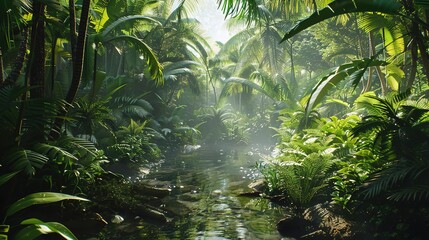 Sticker - Lush Tropical Jungle Stream with Sunlight and Fog - 3D Illustration