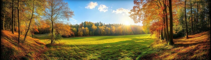 Canvas Print - A vibrant sunrise over an autumn forest with colorful foliage and an open green field.