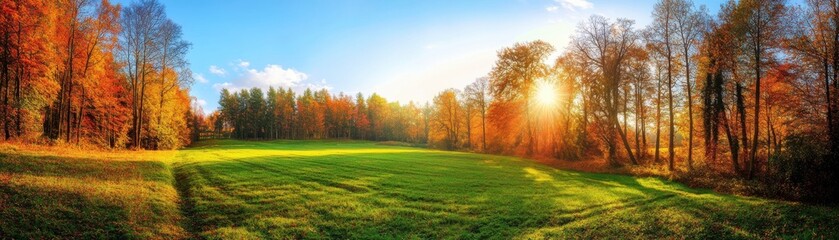 Wall Mural - Sunrise over a green field surrounded by a colorful autumn forest with a clear blue sky.