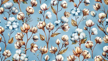 Poster - Watercolor cotton flowers on a blue background seamless pattern, cotton, flowers, watercolor, seamless, pattern, blue