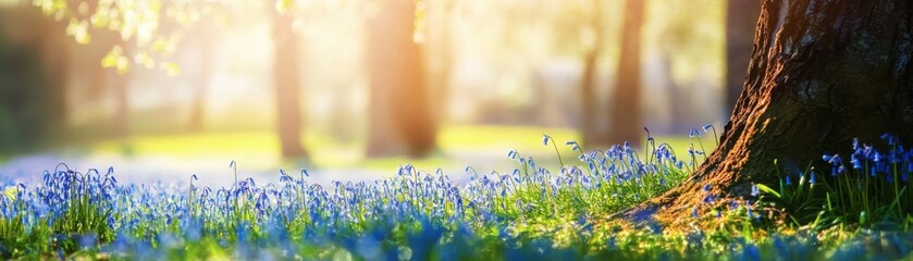 Poster - Sunlit Forest with Blue Flowers