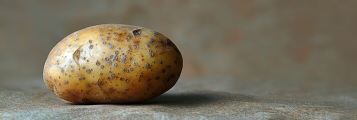 Wall Mural - A close-up view of a single raw potato with textured skin on a soft, neutral background, illustrating the rustic and organic appearance of this common vegetable