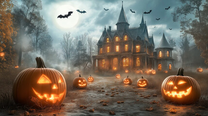 Wall Mural - Spooky Halloween pumpkins Jack o'Lantern against dramatic Halloween landscape with old gothic castle and bats. Colorful creepy pumpkin.