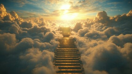 A stunning golden staircase in the clouds leading directly to the majestic gates of heaven