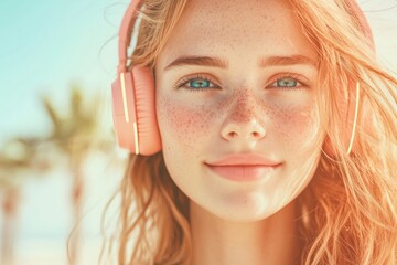 Vibrant portrait of a young woman with blonde hair and blue eyes wearing pink headphones, smiling confidently under the summer sun. Perfect for lifestyle and music-related themes.