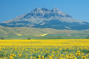 Mountain Range with a Field of Yellow Flowers