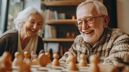 Elderly couple enjoying a cheerful chess game indoors in a cozy living room during the afternoon