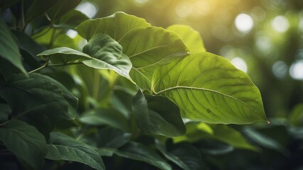 Wall Mural - Sunlight Illuminating Lush Green Leaves in a Forest