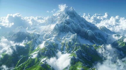 Sticker - Majestic Mountain Range with Snowcapped Peaks and Rolling Green Hills - 3D Illustration