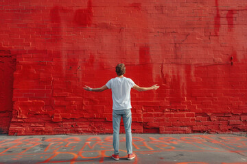 Person standing in front of vibrant red brick wall with open arms