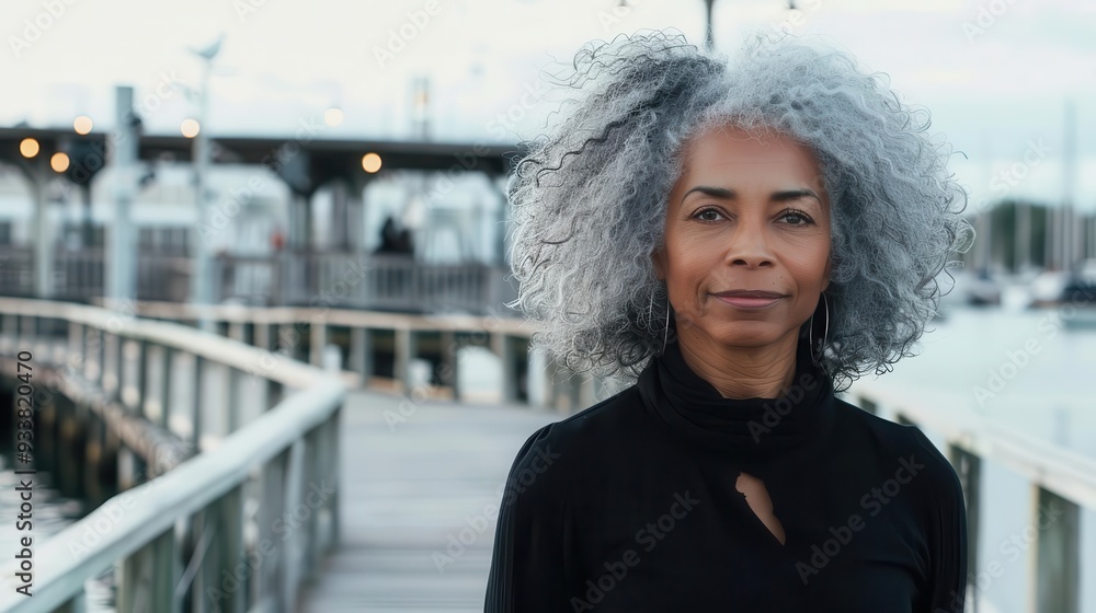 mature african american woman with curly gray hair walking on idyllic ...
