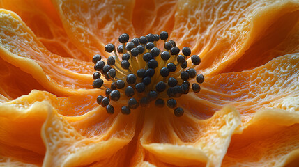 Canvas Print - Close-Up of a Vibrant Orange Flower with Black Seeds - Perfect for Nature and Botanical Designs