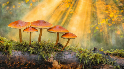 A group of mushrooms are sitting on a log in the sun