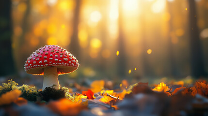 A red mushroom is sitting on the ground in a forest