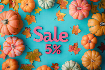 Wall Mural - Orange pumpkin and teal gourd for sale amid fall flowers, a symbol of Halloween and autumn harvest. Natural foods, vegetables at 5% discount.