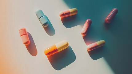 A row of colorful pills are arranged on a white background