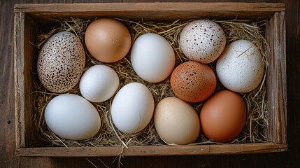 Wall Mural - A rustic wooden crate box filled with fresh farm eggs, some speckled, others pure white, with a few feathers and straw mixed in