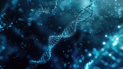 Wall Mural - microscopic view of glowing blue dna molecules floating in translucent serum intricate 3d structures illuminated against dark background conveying scientific complexity and beauty