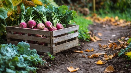 Wall Mural - A weathered wooden crate box filled with freshly harvested root vegetables, sitting on a dirt path in a garden with autumn leaves scattered around