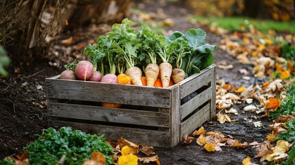 Wall Mural - A weathered wooden crate box filled with freshly harvested root vegetables, sitting on a dirt path in a garden with autumn leaves scattered around