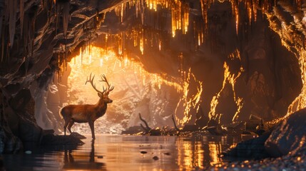 Poster - Majestic Deer Stands in Golden Cave.