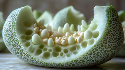 Wall Mural - Close-Up of a Melon Slice with Seeds and Intricate Texture.  Add this Image to Your Food and Drink Projects.