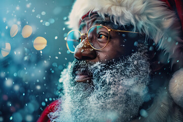 Poster - Close-up of person in a festive Christmas hat blowing a bubble in winter. Grey and black color scheme enhances the holiday portrait.