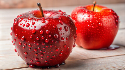 Red apples with fresh water droplets on wooden table background