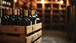 © fivan - A wooden crate box used as a wine rack, with bottles of red and white wine neatly arranged, placed in a dimly lit, cozy cellar