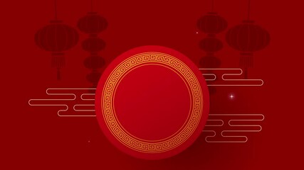 Wall Mural - Chinese new year greeting card horizontal animation video. Oriental round frame template with chinese red lanterns background.