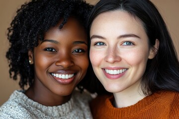 Multicultural friendship, two smiling women close-up