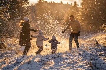 Snowy family with a father and mother playing with their daughter.