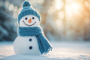 Aufkleber - Snowman in cap and scarf on snow in winter. Beautiful card with a lovely snowman, space for your copy