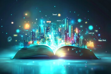 Canvas Print - In the open book pages is a beautiful scene of modern city skyline controlled by a wireless connection iot automation system.