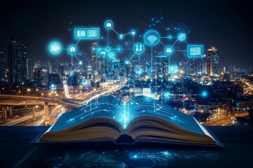 Leinwandbilder - Open book pages with smart home controlled wireless connections iot automation system show a beautiful night view of a modern city skyline.