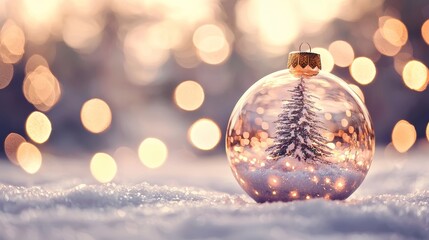 Poster - In this image, a Christmas glass ball holds a tree on a winter background.