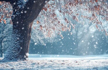 Aufkleber - Happy New Year and Merry Christmas greeting background with copy space. Beautiful winter landscape with snow-covered trees.