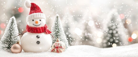 Aufkleber - A happy snowman with falling snow and trees illuminated by lights in a winter wonderland