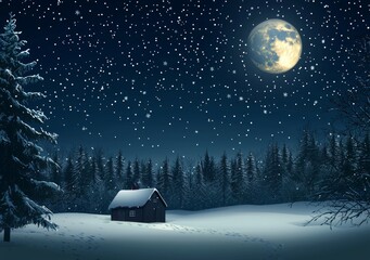 Canvas Print - A modern winter night landscape with a forest and a house in the background.