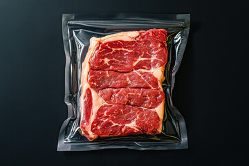 Raw beef rib eye steak in vacuum sealed plastic packaging, top view. Freezer beefsteak on black background, ready for sale. 