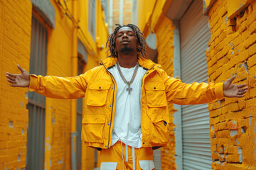 Confident man in yellow jacket embracing urban environment