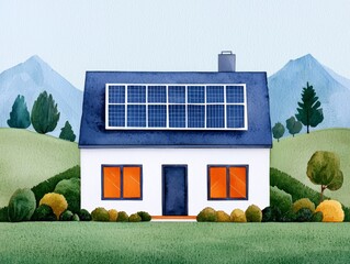 A watercolor illustration of a house with solar panels on the roof, surrounded by trees and hills.