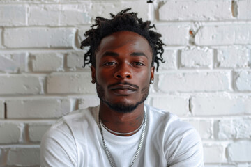 Confident young man with dreadlocks against white brick wall background