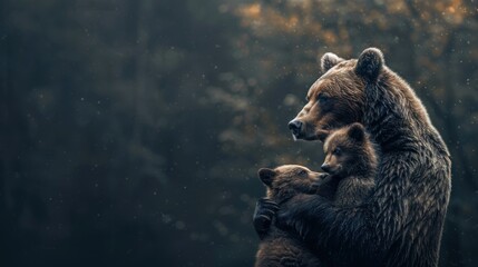 Wall Mural - Mother brown bear cuddling with her cubs in the forest.